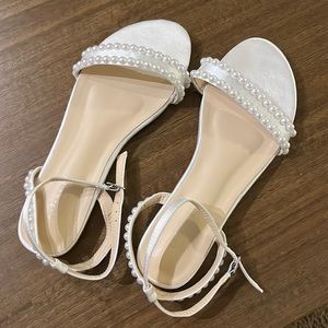 Kailee P White Satin Flat Sandal with Pearls and Ankle Strap - wedding shoes